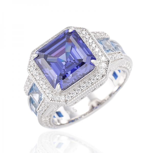 Asscher Bague en argent rhodié avec tanzanite, zircon cubique et spinelle bleue carrée 