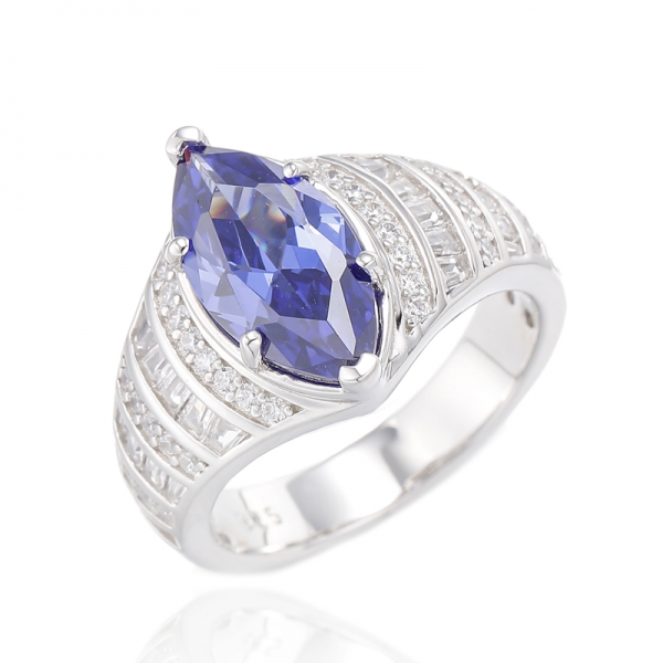 Bague Marquise Tanzanite Et Baguette Blanc Zircon Cubique Rhodié Argent 