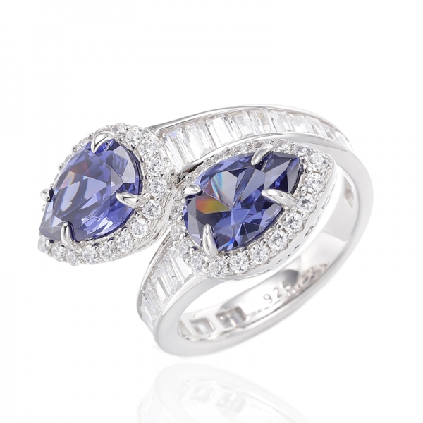 Bague en argent rhodié avec Tanzanite et Baguette en forme de poire, Zircon cubique blanc 