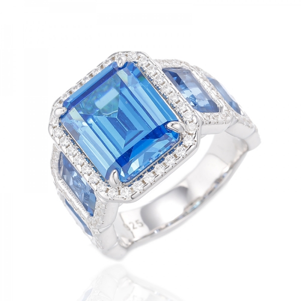 Bague en argent plaqué rhodium, apatite néon, zircone cubique et spinelle bleue, taille émeraude 