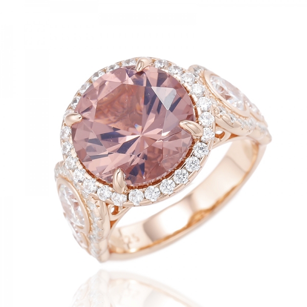 Bague ronde en argent avec morganite nano et zircon cubique blanc rond avec placage en or rose 