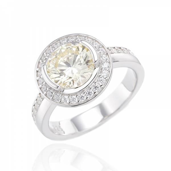 Bague ronde en argent plaqué rhodium avec zircon cubique jaune blanc et diamant 