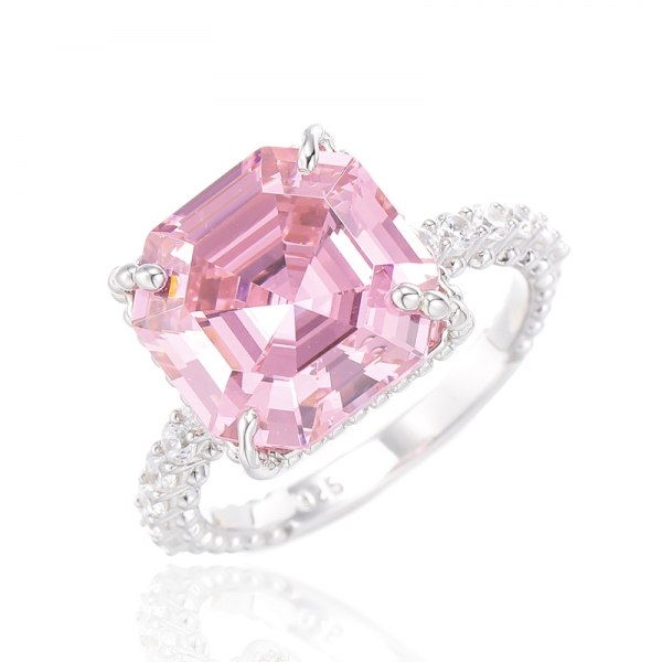 Bague en argent plaqué rhodium avec zircon cubique blanc rose et rond Asscher 