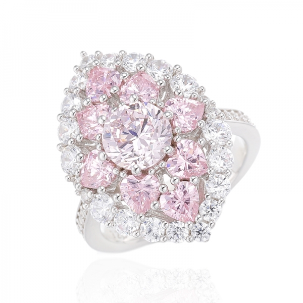 Bague en argent rhodié avec diamant rond rose et forme de coeur avec zircon cubique rose 