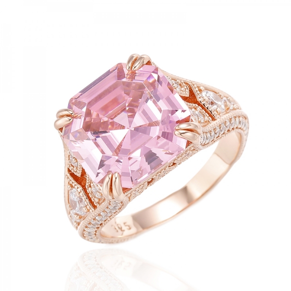 Bague en argent 925 Asscher avec zircon cubique blanc rose et rond avec placage en or rose 