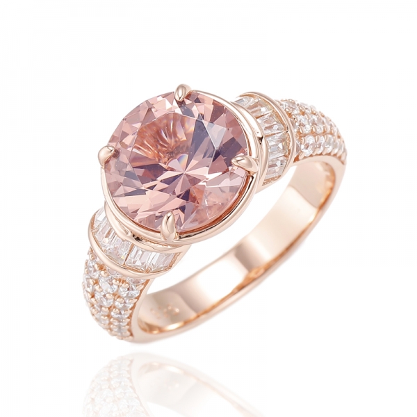 Bague ronde en morganite nano et baguette en argent avec zircon cubique blanc avec placage en or rose 