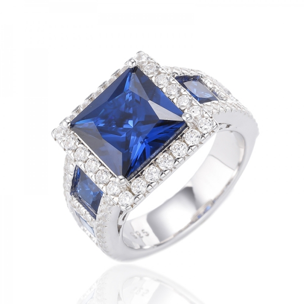 Bague carrée en argent plaqué rhodium avec nano bleu et spinelle bleue 