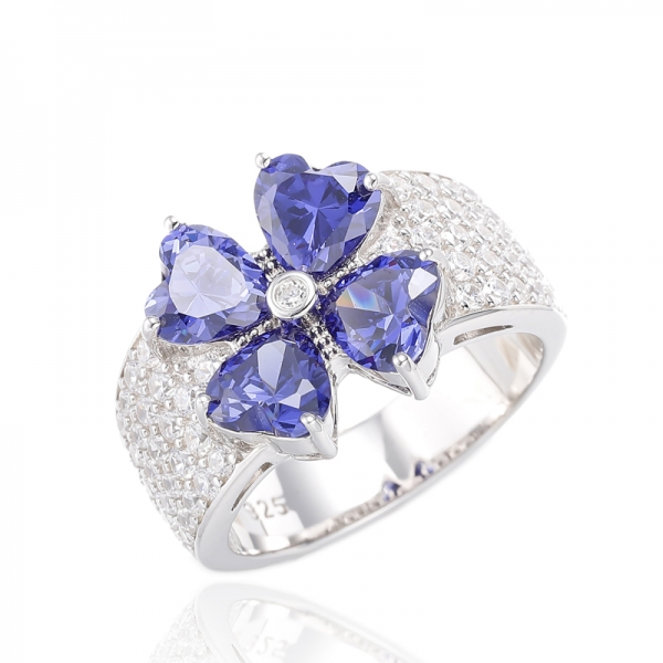 Bague en argent rhodié avec tanzanite en forme de cœur et zircon cubique blanc rond 