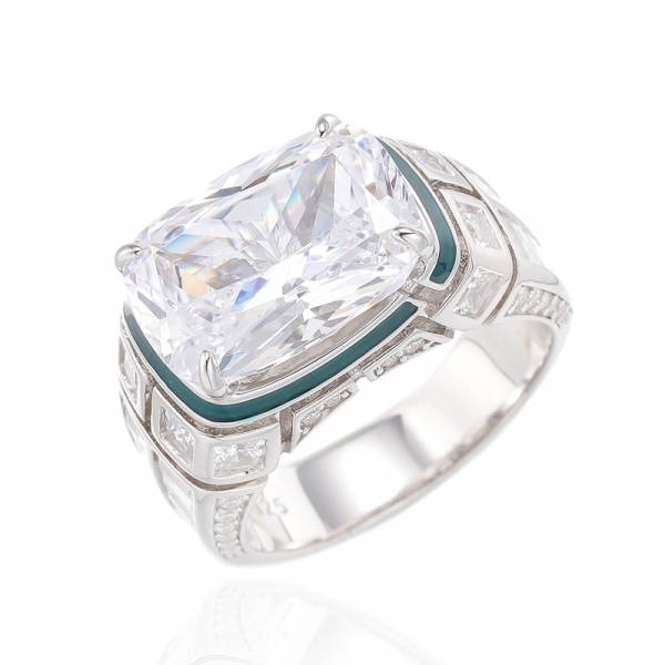 Bague en argent plaqué rhodium avec émail vert et coussin en zircon cubique blanc 