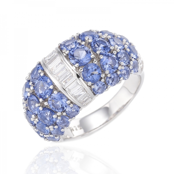 Bague ronde en argent rhodié et Tanzanite Nano et Baguette blanche, Zircon cubique blanc 