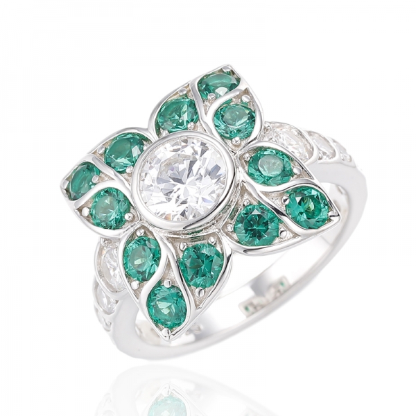 Bague en argent plaqué rhodium avec nano vert de forme ronde et zircon cubique blanc 