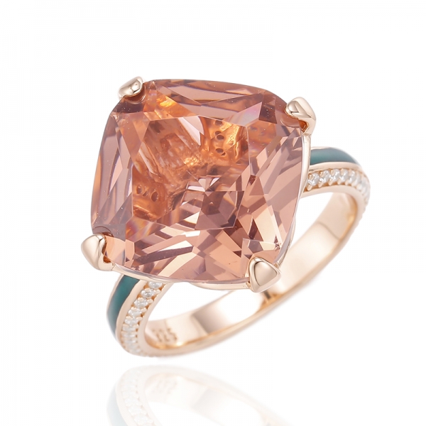 Bague en argent morganite coussin nano et émail vert avec placage en or rose 