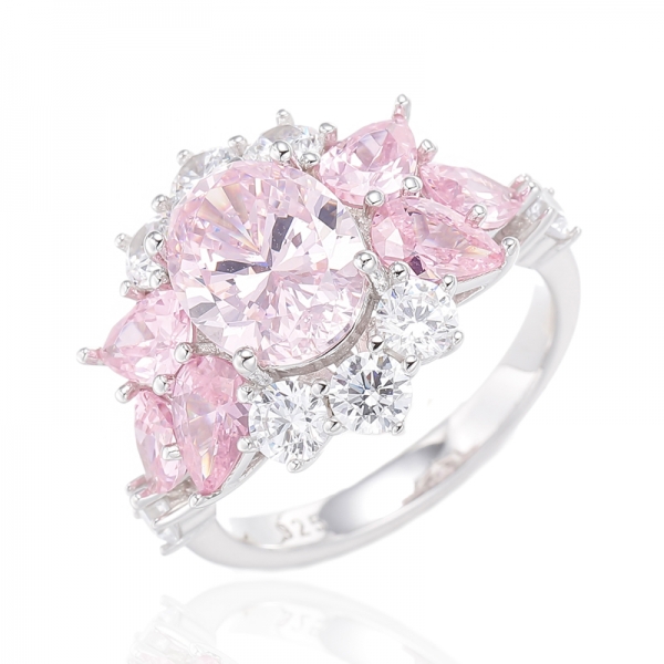 Bague en argent plaqué rhodium avec diamant de forme ovale rose et forme de poire en zircon cubique rose 