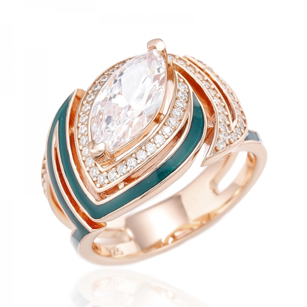 Bague en argent avec émail vert et zircon cubique blanc marquise avec placage en or rose 