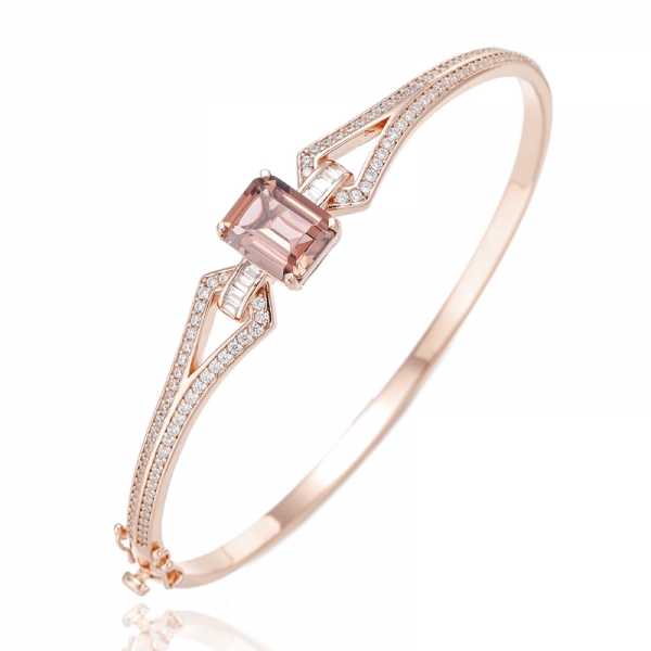 Bracelet en argent et morganite taille émeraude nano et baguette en zircon cubique blanc avec placage en or rose 