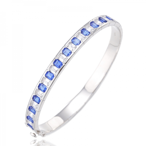 Bracelet Nano Bleu Taille Émeraude Et Zircon Cubique Blanc Argent Rhodié 