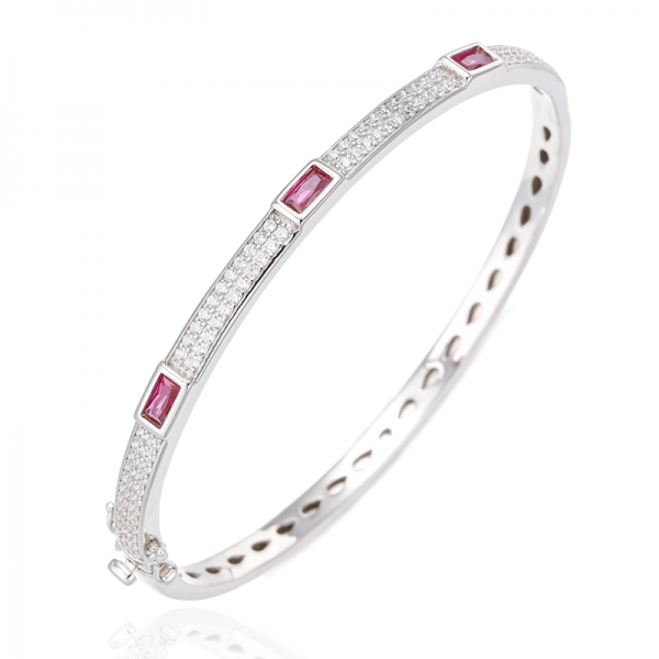 Bracelet Baguette Rubis Corindon Et Zircon Cubique Blanc Rond Argent Rhodié 