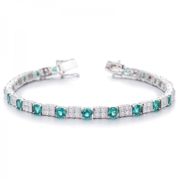 Bracelet rond en argent rhodié avec zircon cubique blanc et nano vert rond 