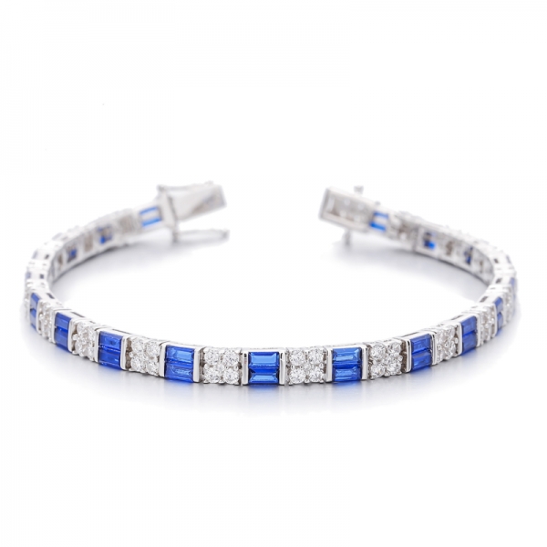 Bracelet Baguette Bleu Nano Et Zircon Cubique Blanc Rond Argent Rhodié 