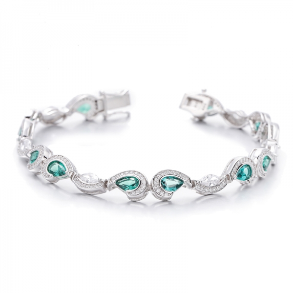 Bracelet en argent rhodié avec zircon cubique blanc en forme de poire et nano vert marquise 