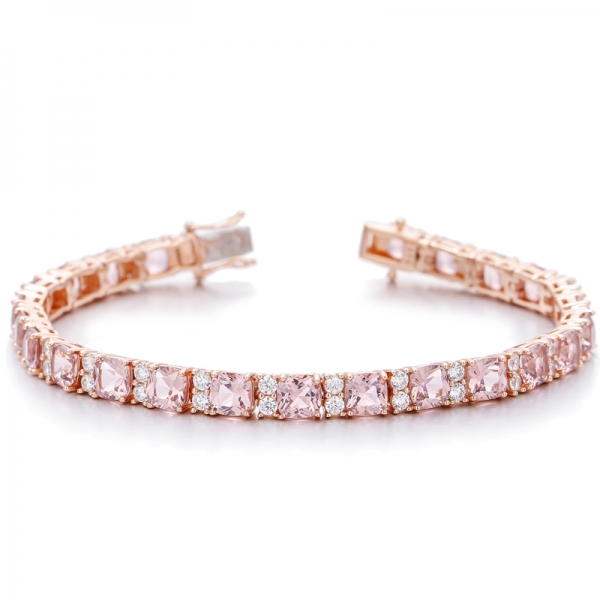 Bracelet en morganite coussin nano et zircon cubique blanc rond en argent avec placage en or rose 