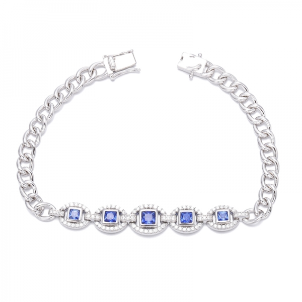 Bracelet Nano Bleu Carré Et Zircon Cubique Blanc Rond Argent Rhodié 