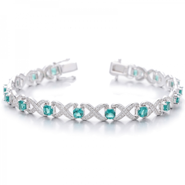 Bracelet Nano Vert Coussin Et Zircon Cubique Blanc Rond Argent Rhodié 