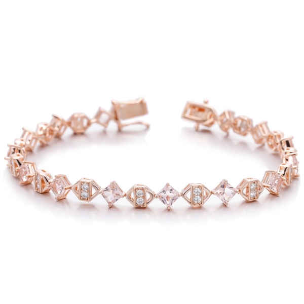 Bracelet octogone en morganite nano et zircon cubique blanc rond en argent avec placage en or rose 