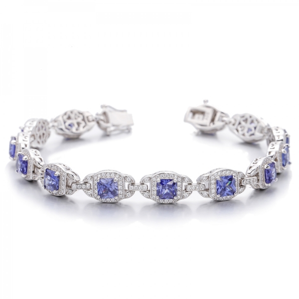 Bracelet Octogone Tanzanite Et Zircon Cubique Blanc Rond Argent Rhodié 