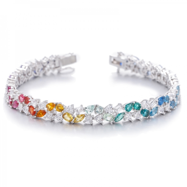 Bracelet en argent rhodié et zircon cubique multicolore en forme de poire et marquise 