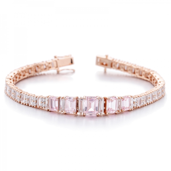 Bracelet en argent avec diamants taille émeraude et zircon cubique blanc baguette avec placage en or rose 