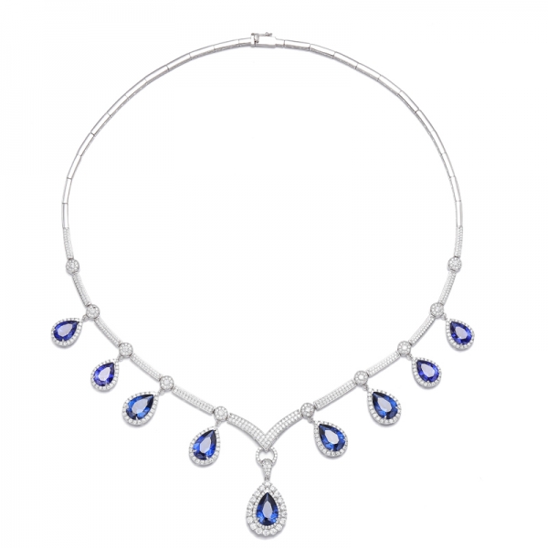 Collier en argent rhodié en forme de poire avec nano bleu et zircon cubique blanc rond 