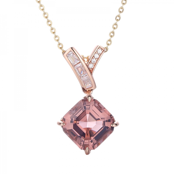 Asscher Morganite Nano et Baguette Blanc Zircon Cubique Pendentif En Argent Avec Placage Rose Glod 