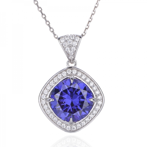 Pendentif rond en argent plaqué rhodium avec tanzanite et zircon cubique blanc 