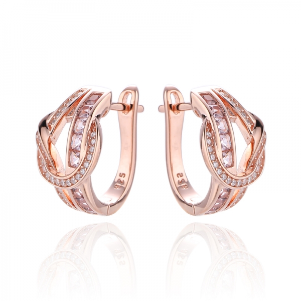 Boucle d'oreille carrée en morganite nano et zircon cubique blanc rond en argent avec placage en or rose 