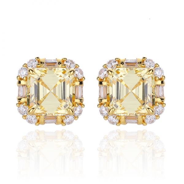 Asscher Boucle d'oreille en argent avec zircon cubique blanc canari et baguette avec placage doré 