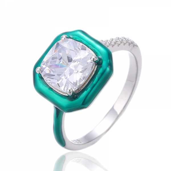 Bague en argent plaqué rhodium avec zircon cubique blanc et émail vert 