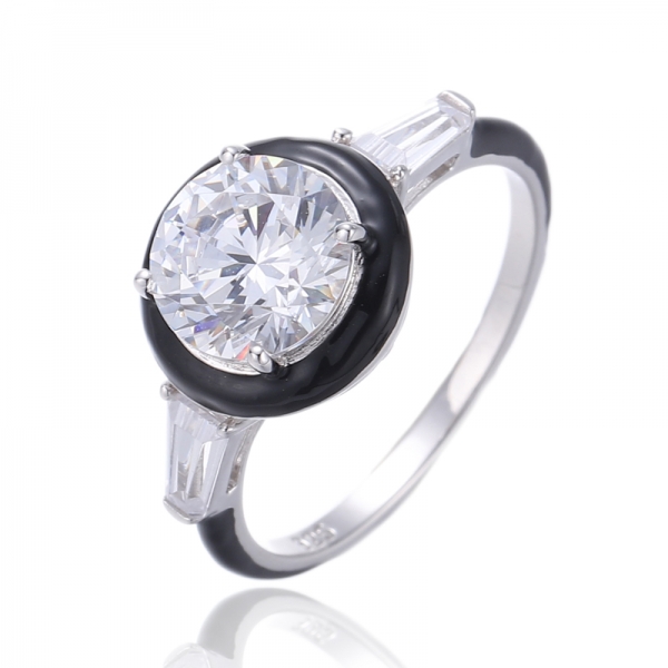 Bague ronde en argent plaqué rhodium avec zircon cubique blanc et émail noir 