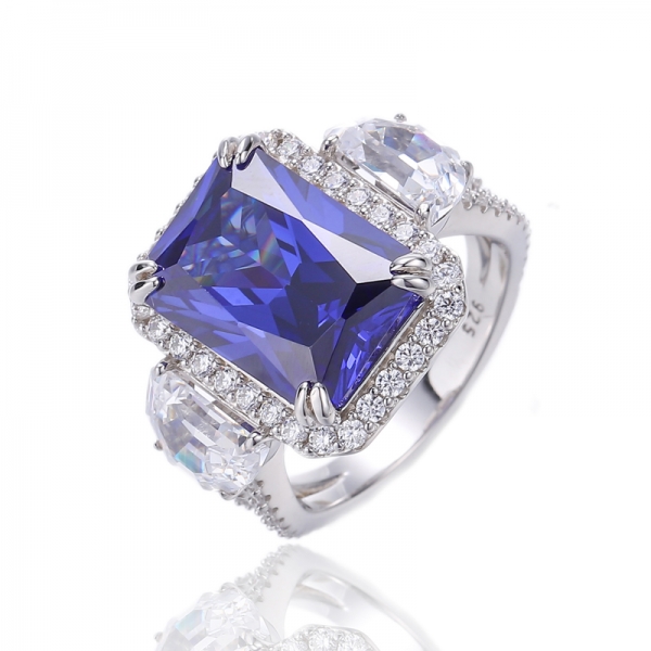 Bague octogonale en argent rhodié et tanzanite en forme de demi-lune, zircon cubique blanc 