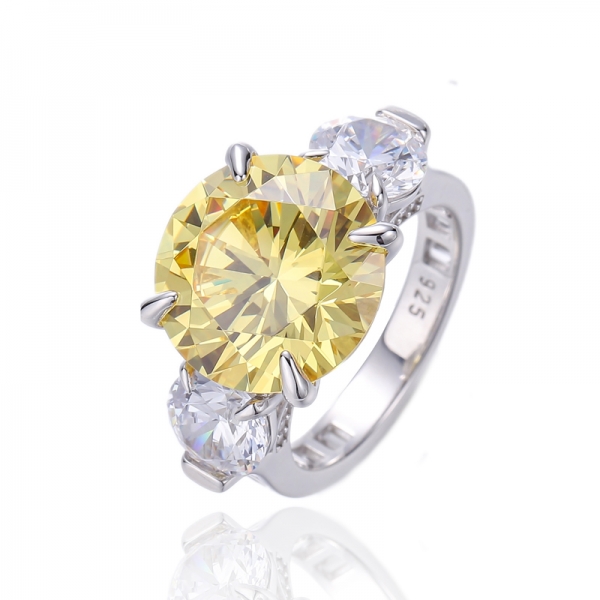 Bague en argent rhodié avec diamant rond jaune et baguette blanche avec zircon cubique 