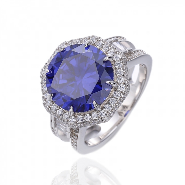 Bague ronde en argent rhodié avec tanzanite et zircon cubique blanc baguette 