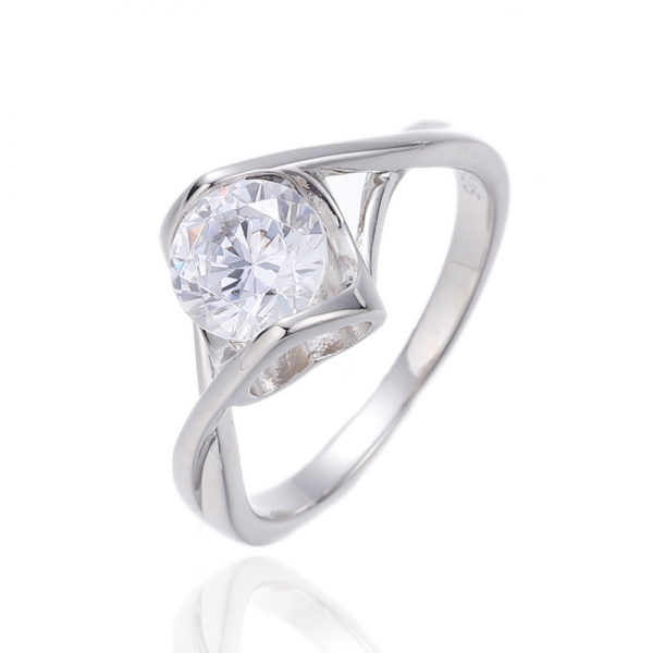 Bague en argent plaqué rhodium avec zircon cubique blanc rond 925 