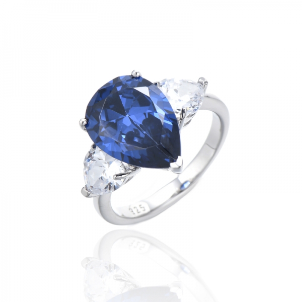 Bague en argent rhodié avec tanzanite en forme de poire et zircon cubique blanc en forme de cœur 