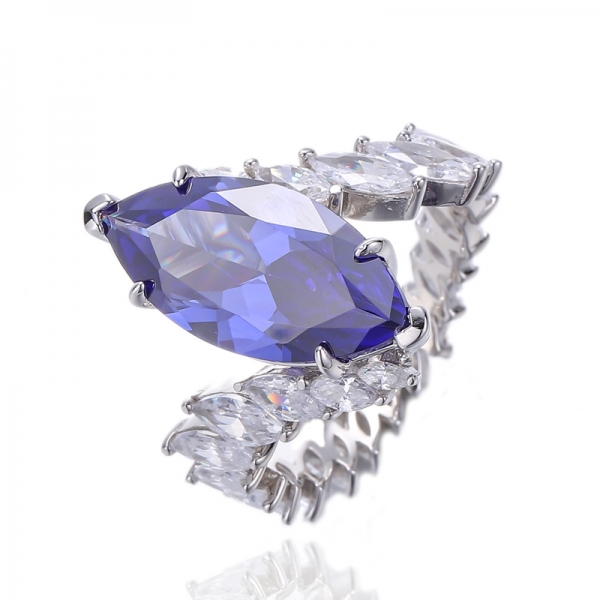 Bague Marquise Tanzanite Et Zircon Cubique Blanc Argent Rhodié 