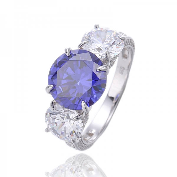 Bague en argent plaqué rhodium avec tanzanite ronde et zircon cubique blanc 925 