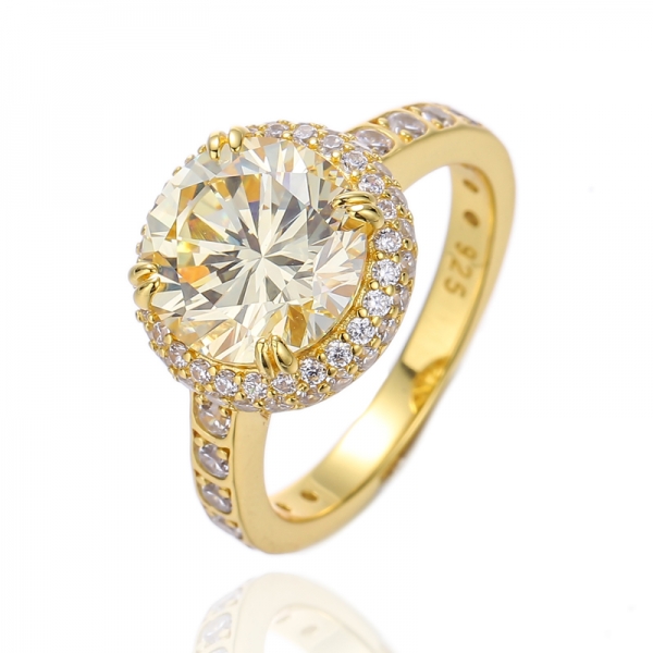 Bague en argent avec zircon cubique jaune et blanc de diamant de forme ronde avec placage à l'or 