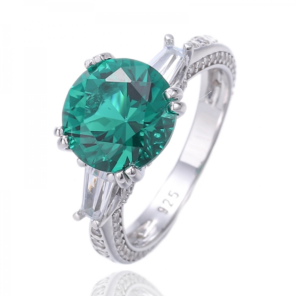 Bague ronde en argent rhodié avec zircon cubique blanc et nano vert conique 