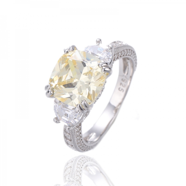 Bague coussin diamant jaune et demi-lune, zircon cubique blanc, argent rhodié 