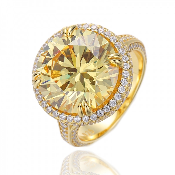 Bague en argent plaqué or avec diamant de forme ronde, zircon cubique jaune et blanc 