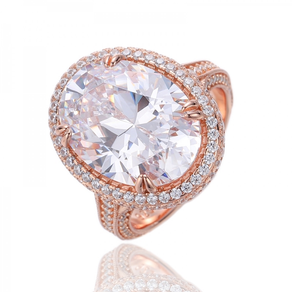 Forme ovale et bague ronde en argent avec zircon cubique blanc avec placage en or rose 